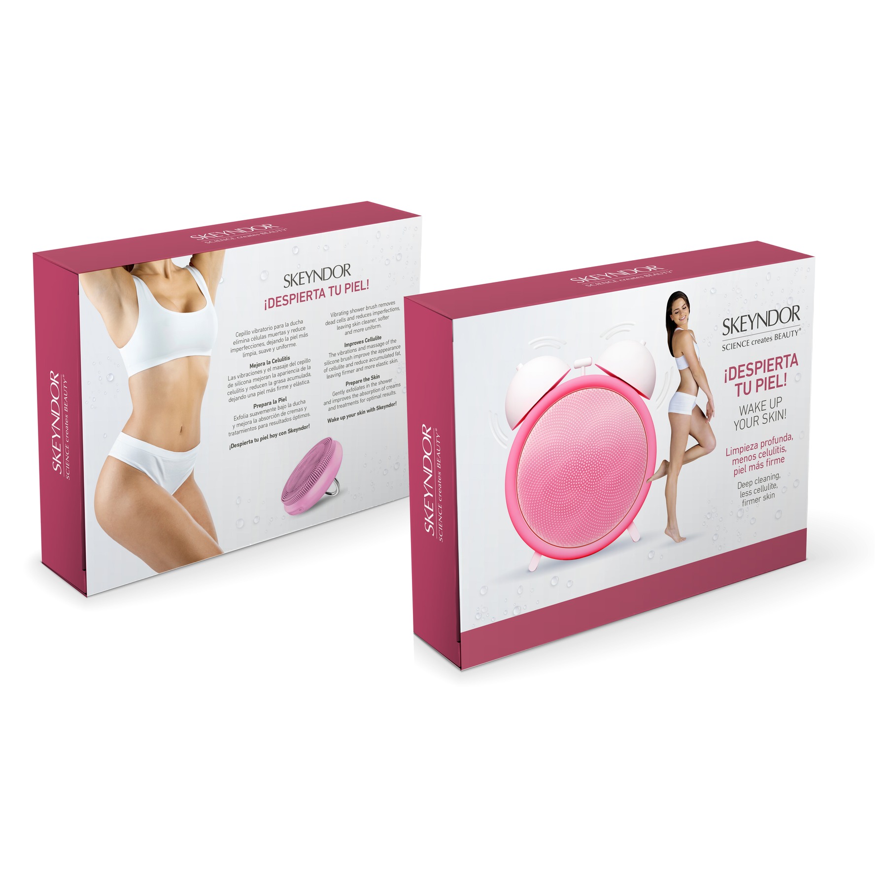 Front and back of the Skeyndor body massage brush gift pack