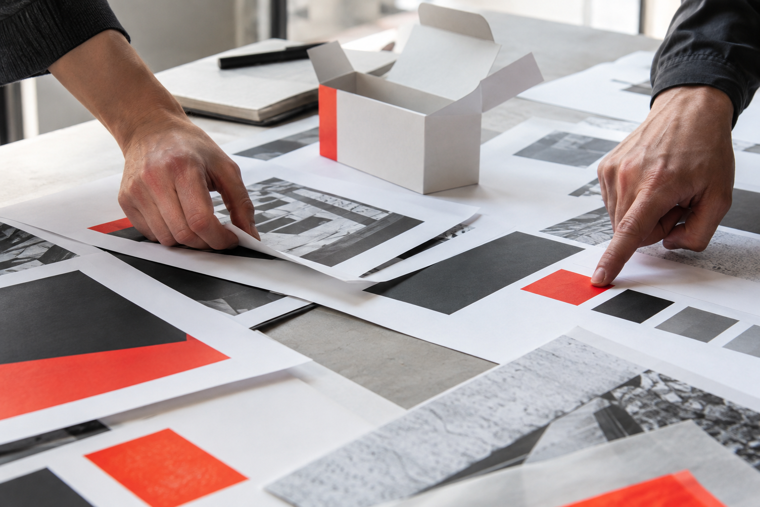 Hands reviewing print proofs and a packaging mockup