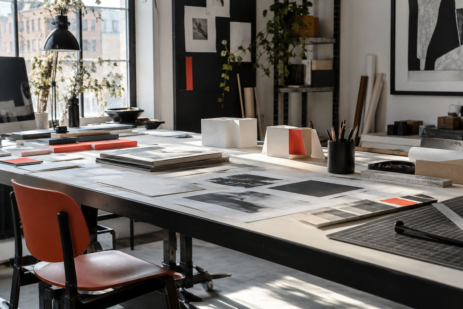 Creative studio worktable with print proofs and packaging mockups