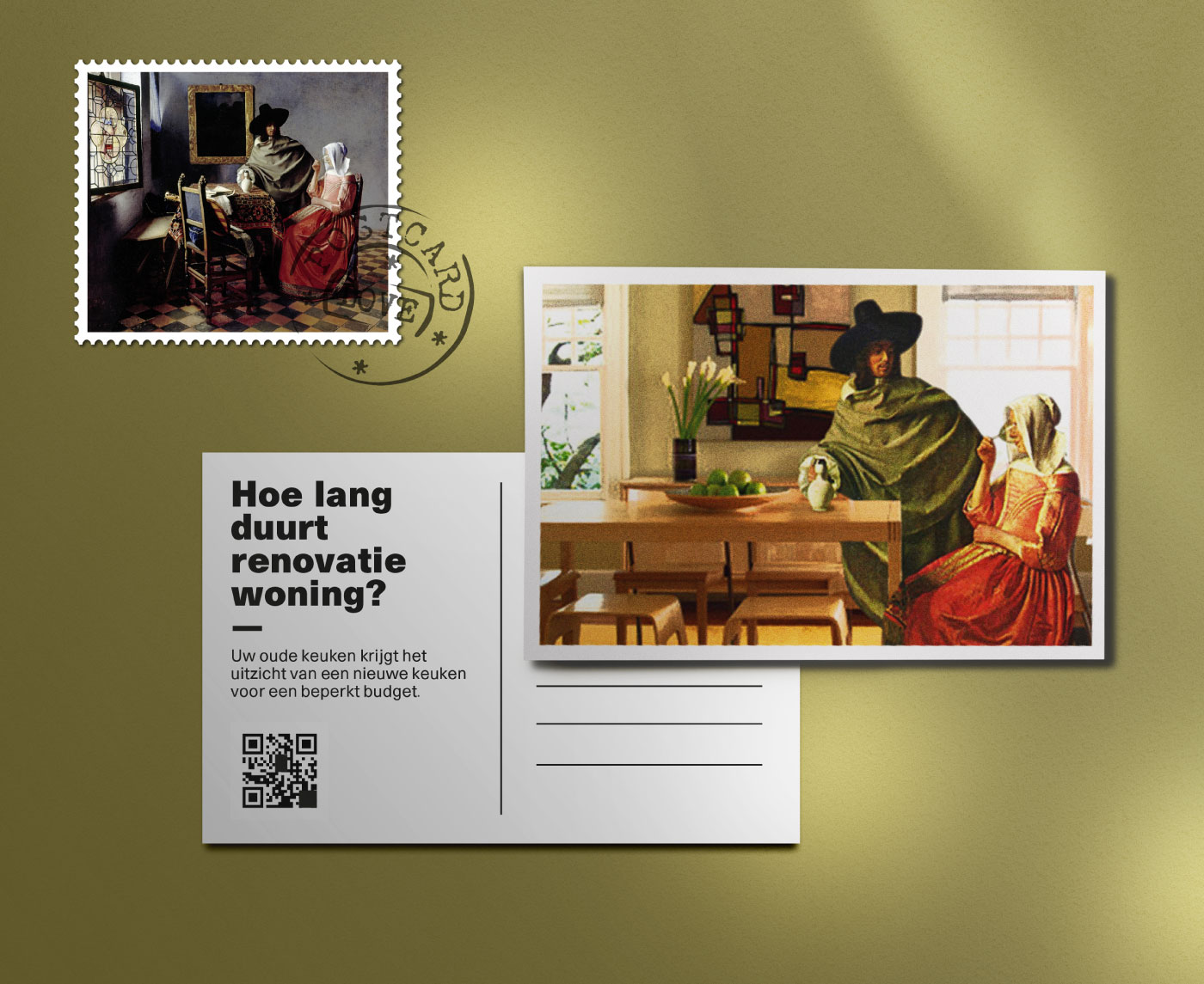 Postal free para una empresa holandesa de reformas de interiores reconstruyendo cuadros del pintor holandés Vermeer
